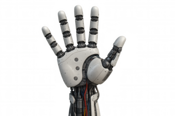 Robot hand showing palm, futuristic artificial intelligence and bionic technology on transparent background