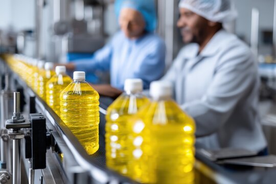 Cooking oil bottles moving on a conveyor belt in a food factory with workers monitoring the production process