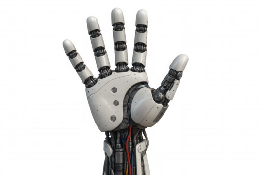 Robot hand showing palm, futuristic artificial intelligence and bionic technology on transparent background - Powered by Adobe