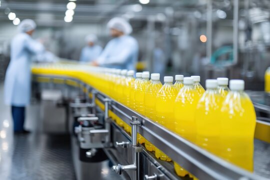 Juice bottles moving along a conveyor belt, showing the industrial bottling process in a food and drink manufacturing plant