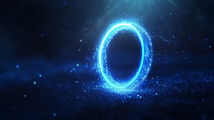 abstract studio shot of a single large blue neon ring emitting soft glow, surrounded by tiny floating particles, slight lens flare and deep shadows for dramatic contrast