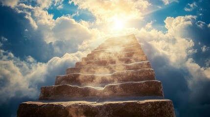 ancient stone steps winding upward toward a radiant portal in the sky, fluffy white clouds parting around the path, warm backlighting casting long shadows and evoking a sense of spiritual journey