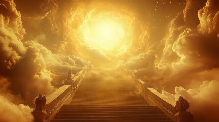 dramatic low-angle view of a grand stairway carved from alabaster, flanked by swirling mist and haloed by a bright celestial glow, golden light radiating through drifting clouds overhead