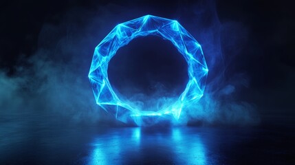 floating neon blue geometric ring composed of interlocking polygons, subtle pulsating glow reflecting on a dark matte floor, wisps of translucent smoke curling around the base