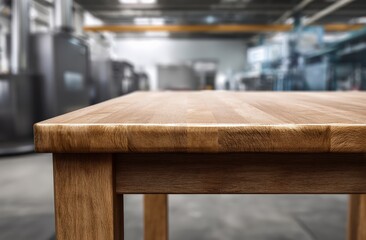 Empty wooden surface presenting product display or workspace concept with a blurred industrial factory environment in the background
