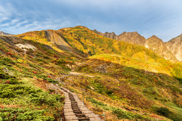 紅葉の八方山早朝ハイキングと北アルプス朝焼け