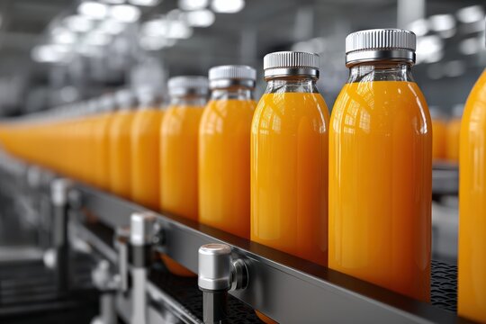 Orange juice bottles filling a conveyor belt in a beverage factory, representing mass production and automated bottling