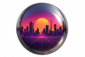 Reflecting retro cityscape inside glass sphere, setting sun over neon grid, futuristic vaporwave concept