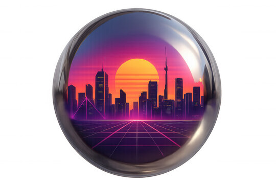 Reflecting retro cityscape inside glass sphere, setting sun over neon grid, futuristic vaporwave concept - Powered by Adobe