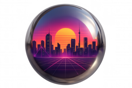 Reflecting retro cityscape inside glass sphere, setting sun over neon grid, futuristic vaporwave concept