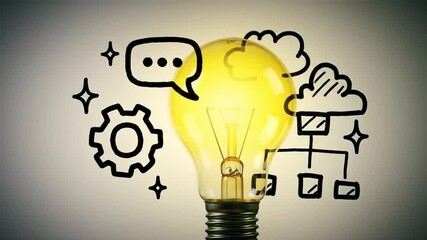 Yellow light bulb with doodle icons representing creativity and innovation concept
