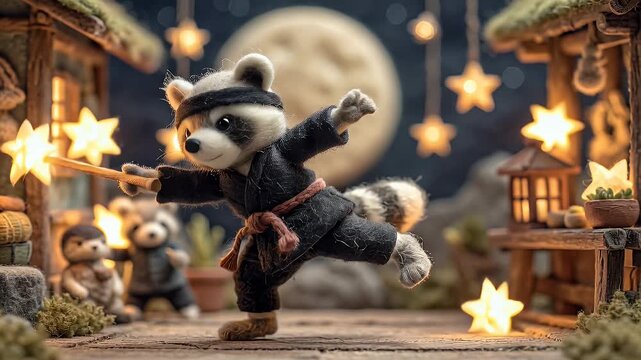 Animated ninja raccoon character with sword posing in a decorative environment