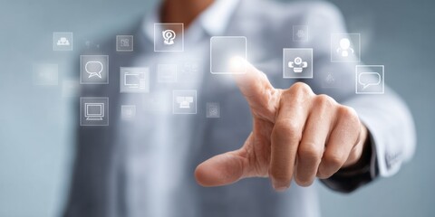 Professional Businessman Using Advanced AI Interface with Smart Automation Icons for Modern Digital Workflow and Productivity Tools in Tech Marketing Content