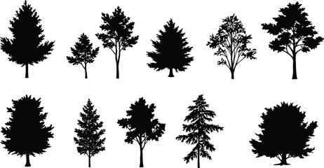 Collection of deciduous and evergreen tree silhouettes, black nature vector illustration for landscape design, environment, and forest art projects