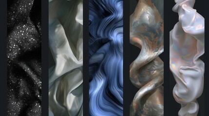 Abstract multi - panel art featuring diverse textures like starry specks, silky folds, blue waves, metallic swirls, and iridescent fabric, creating a modern stylish aesthetic ideal for wallpaper and c