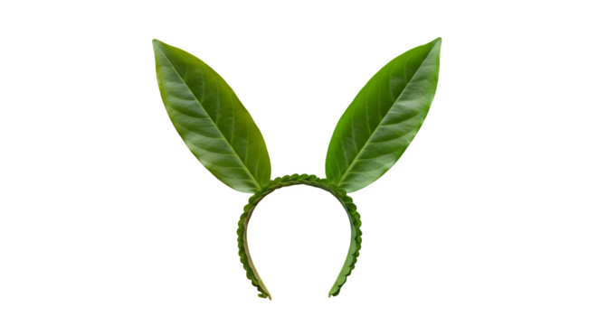 Green leaves craft bunny ears on solid black background, perfect for spring, Easter marketing materials, digital design, social media content.