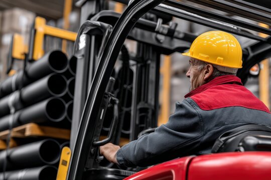 Experienced senior worker wearing a hard hat, operating a forklift machine, transporting black industrial pipes in a warehouse facility