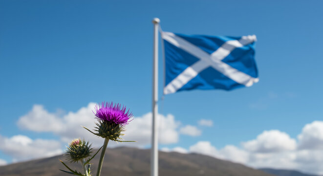 A purple thistle in focus with the Scottish flag waving in the background. National symbols of Scotland in a highland landscape. St. Andrew's Day concept