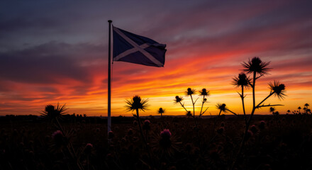 Naklejka premium The Scottish flag and thistles silhouetted against a dramatic sunset. National symbol of Scotland's pride and heritage. St. Andrew's Day background