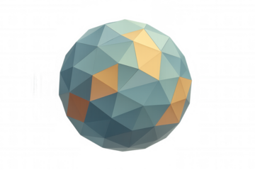 Low poly geometric sphere with golden and teal polygonal facets, 3d abstract object on transparent background