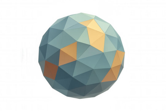 Low poly geometric sphere with golden and teal polygonal facets, 3d abstract object on transparent background