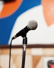 Obraz premium Professional Hindi Diwas Microphone Setup on Stage for Creative Expression and Performance Art Modern Authentic Content for Marketing and Social Media Campaigns