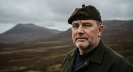 Portrait of a middle-aged Scottish man in a traditional beret. Rugged man with a serious expression in the highlands of Scotland with copy space