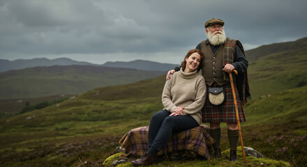 A senior man in a traditional Scottish kilt with a younger woman in the highlands. Father and grown up daughter embracing in a rugged landscape. Scottish family heritage concept
