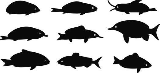 Collection of fish silhouettes illustration, black aquatic animal shapes set, underwater wildlife vector design for marine biology and nature art