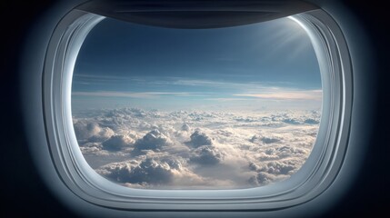Modern Premium Airplane Window View of Clouds and Sky Inspiring Travel and Global Business Expansion for Millennial Marketing Campaigns