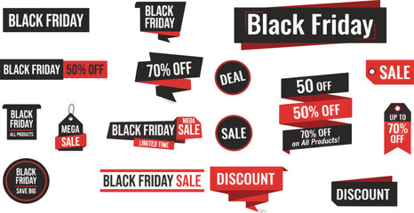 Collection of modern Black Friday sale labels, banners, and discount tags in red, black, and white color scheme