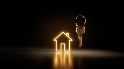 Golden Key to a Dream Home: A symbolic key floats elegantly beside a glowing house, representing the realization of homeownership aspirations and new beginnings.