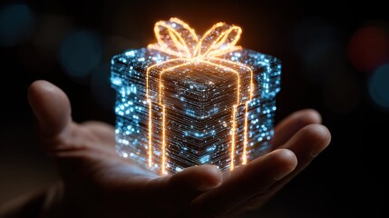 The Gift of Innovation: A glowing digital gift box floats delicately in a cupped hand, its intricate design illuminating a world of possibilities, symbolic of cutting-edge technology.