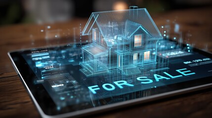 Digital Real Estate: A high-tech tablet showcases a sleek, illuminated house design, projecting the future of property transactions with a For Sale banner. A blend of innovation and practicality.