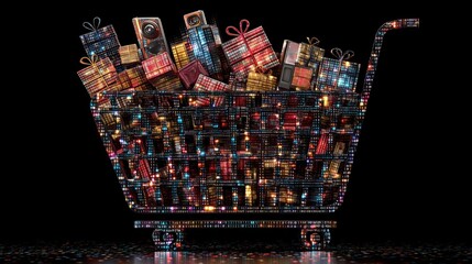 Shopping Cart Overflowing with Gifts: A vibrant shopping cart, illuminated with a kaleidoscope of colors, brimming with an assortment of wrapped gifts.