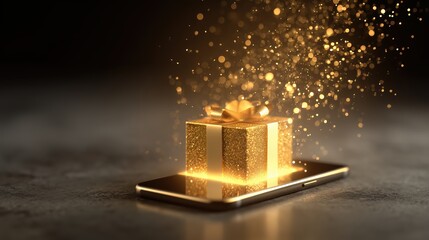 Golden Gift Reveal: A luxurious golden gift box hovers above a sleek smartphone, glistening with shimmering particles. Presenting an image of digital surprises and special offers.