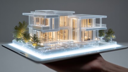 Modern Architecture's Digital Blueprint: A miniature, illuminated model of a modern house is being showcased. Embodying the pinnacle of contemporary design.