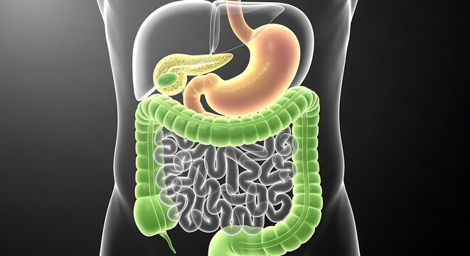 Human Digestive System Anatomy Illustration - Stomach, Intestines, and Pancreas.