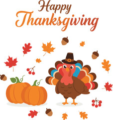 Cute Thanksgiving Turkey with Pumpkins and Autumn Leaves Illustration
