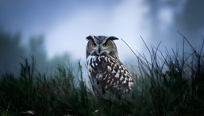 A grey owl perched in the grass against a misty backdrop