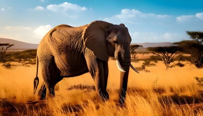 A large elephant in the savannah grassland with the scorching heat shining on the day