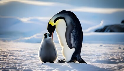 A mother penguin and her baby in the snow with a silhouette of sunlight showing the warmth of love
