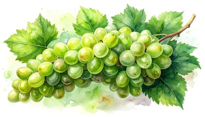 Watercolor illustration of a bunch of fresh, green grapes with leaves