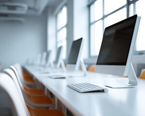 Modern Digital Classroom Setup with Professional Computers and Empty Desks for Authentic E-Learning and Training in Education Marketing Content
