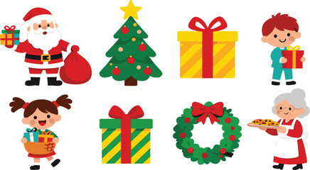 Cute Christmas Cartoon Illustration Set with Santa Claus, Kids, Gifts, and Holiday Decorations