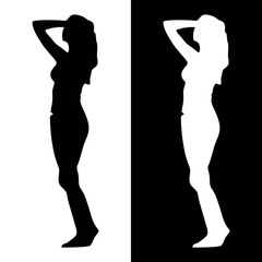 Black silhouette vector concept of a woman in a swimsuit from various perspectives isolated on a white background. A metaphor for beauty, seduction, fitness, health, and lifestyle.