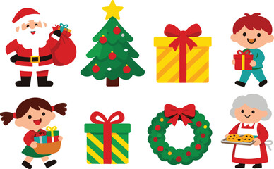 Cute Christmas Cartoon Illustration Set with Santa Claus, Kids, Gifts, and Holiday Decorations
