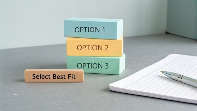 Blocks stacked with option labels on a desk