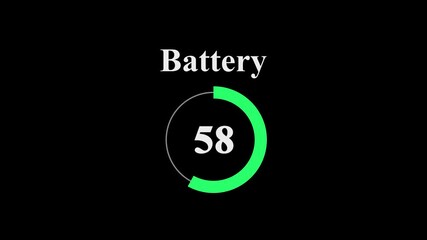 Battery level indicator at 58 percent. Modern circular battery meter on black background. battery charge visualization dashboard element.