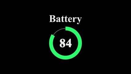 Battery level indicator at 84 percent. Modern circular battery meter on black background. battery charge visualization dashboard element.